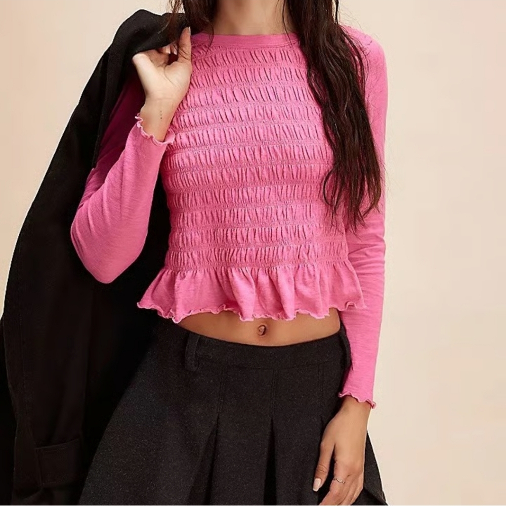 New Free People Sylvie Smocked Bodice Long Sleeve Top In Pink Size XS